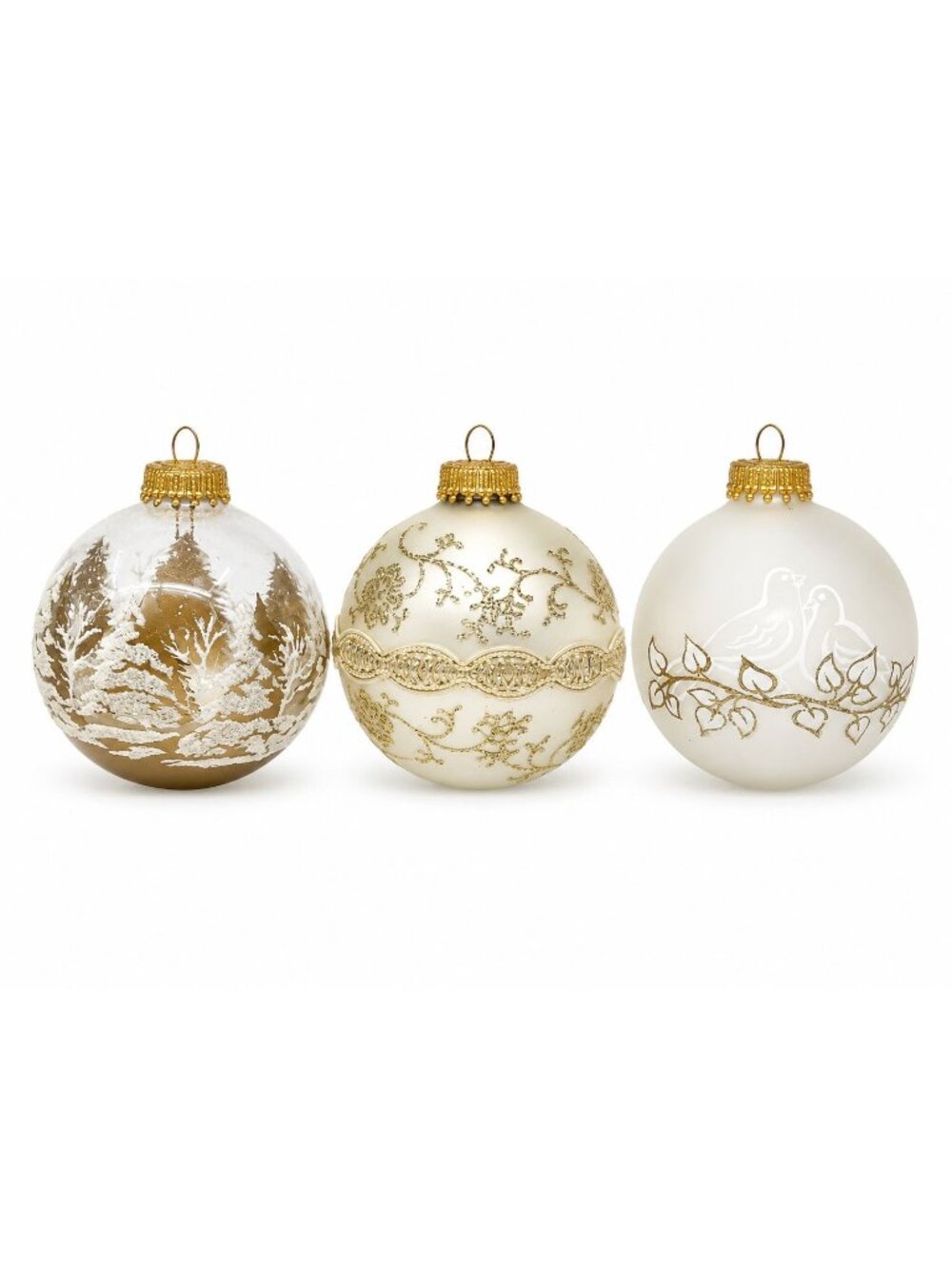 3 Vintage Krebs Germany Glass Christmas Ornaments: Gold Swirl Scenery, Doves, Mo